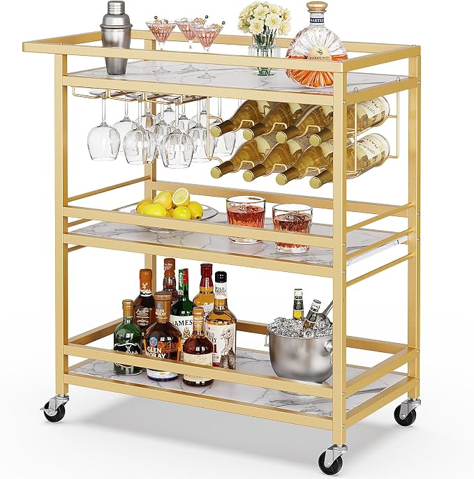 Leteuke Gold Rolling Bar Cart — White Marble Shelves with Wine Rack & Stemware Storage