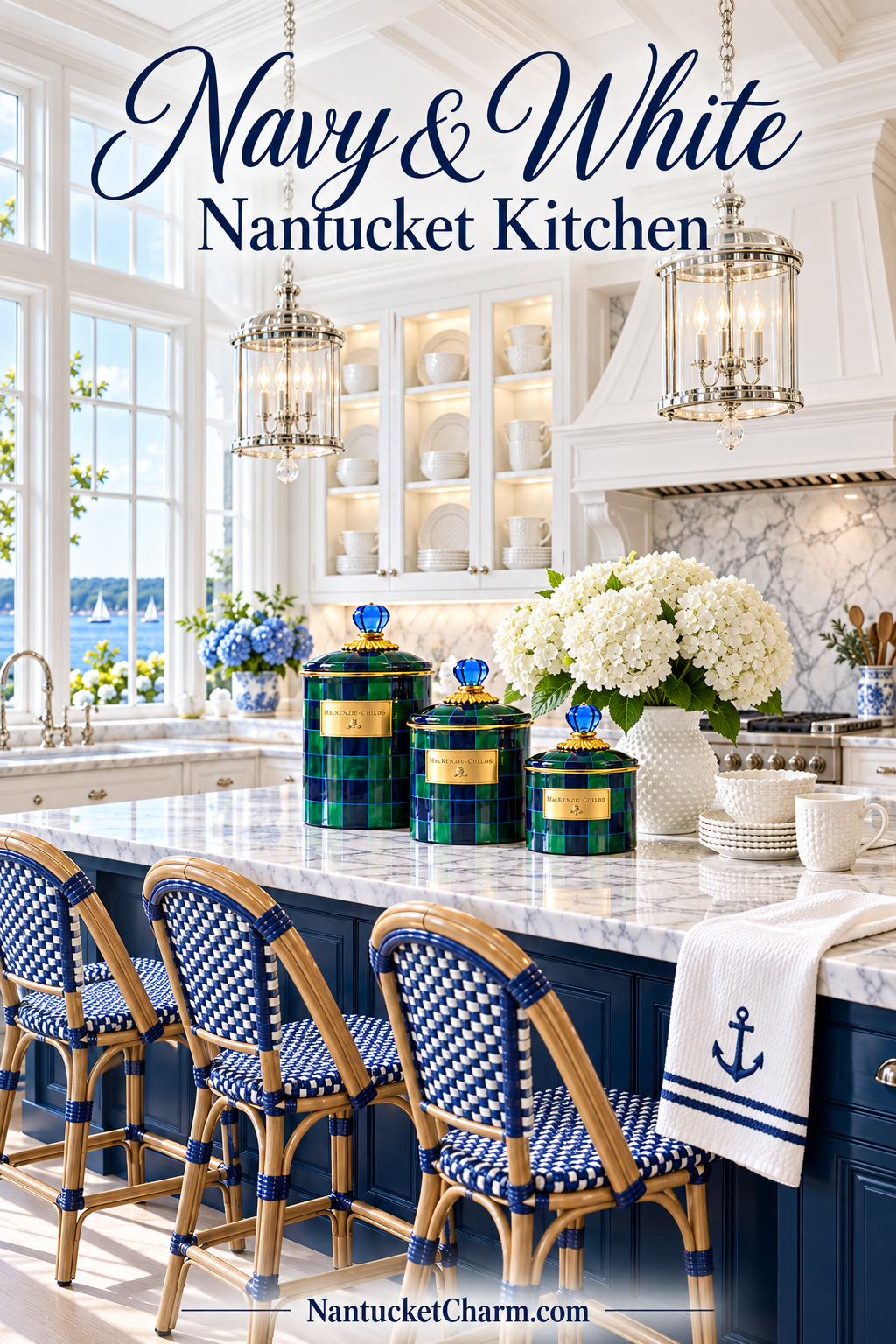 Navy and white Nantucket kitchen with MacKenzie-Childs Henhouse canisters, blue and white woven bistro stools, white basketweave dishes, white hobnail hydrangea vase, polished lantern pendants and harbor views.
