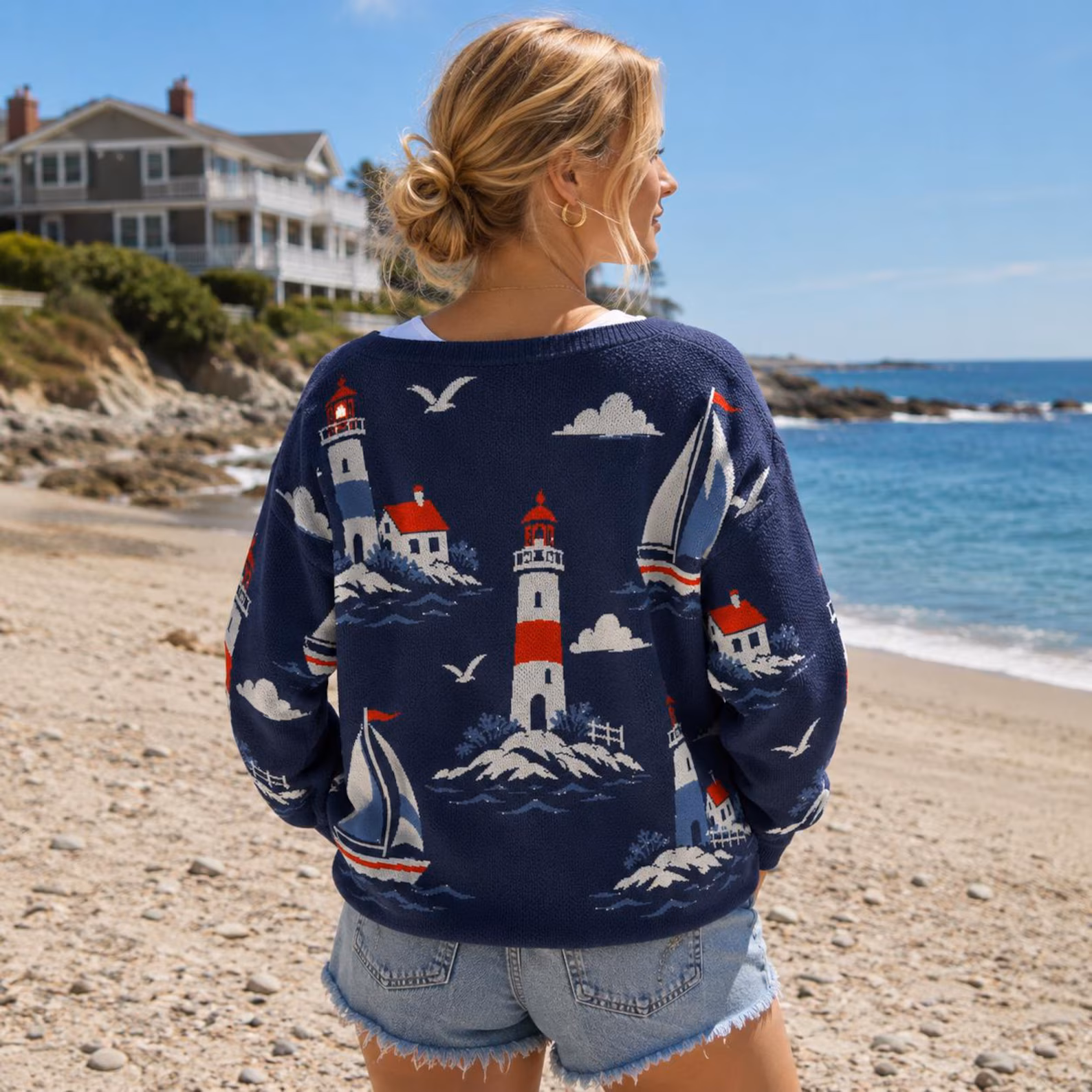 Nautical Lighthouse Cardigan Sweater — Hand-Knit New England Coastal