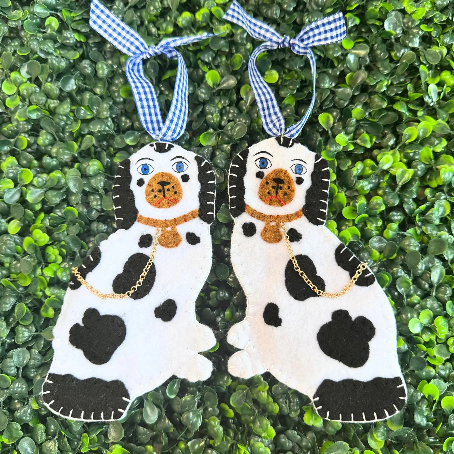 Staffordshire Dog Ornaments — Chinoiserie Felt Pair with Gingham Bows