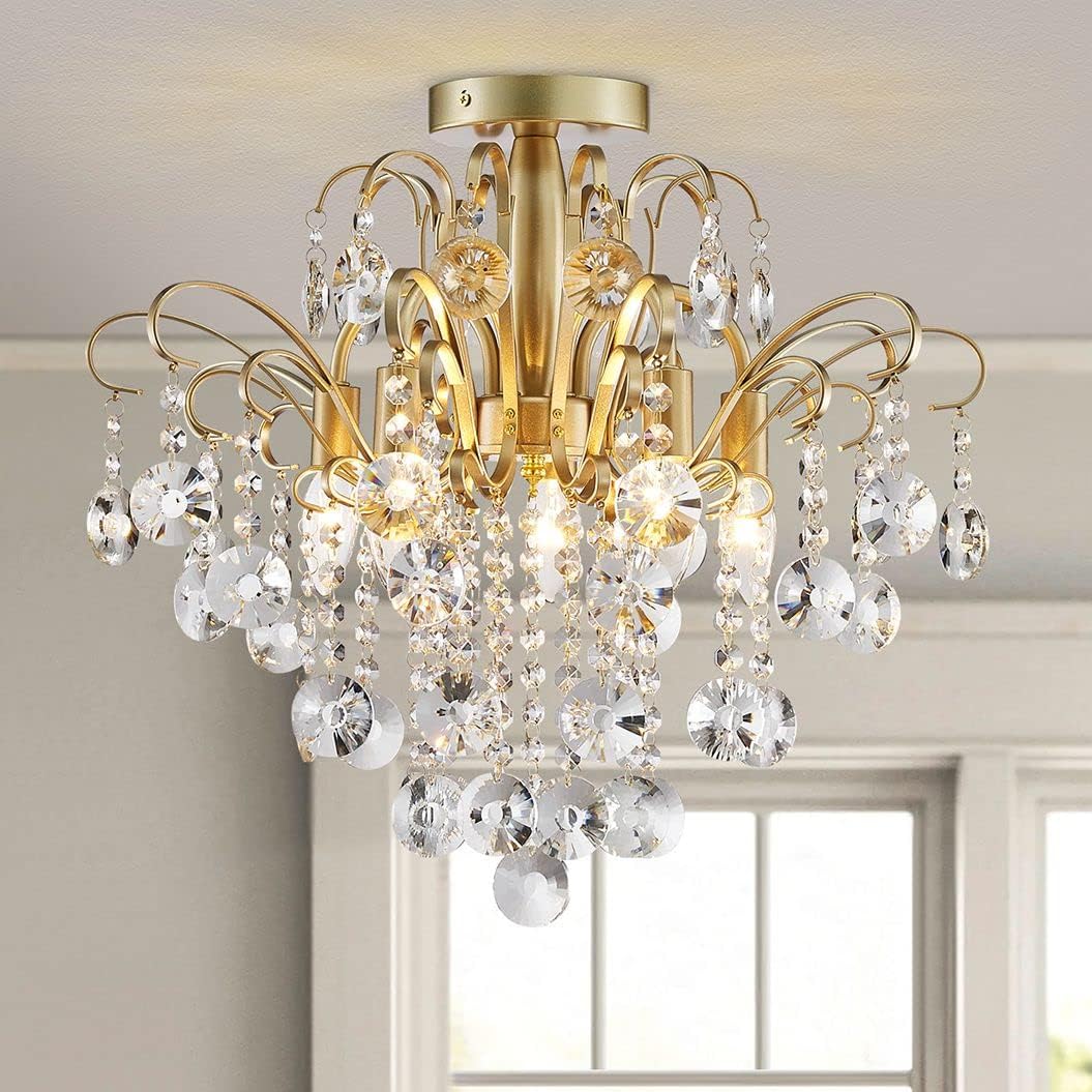 WUZUPS Gold Crystal Semi-Flush Mount Chandelier (Entryway / Bathroom)