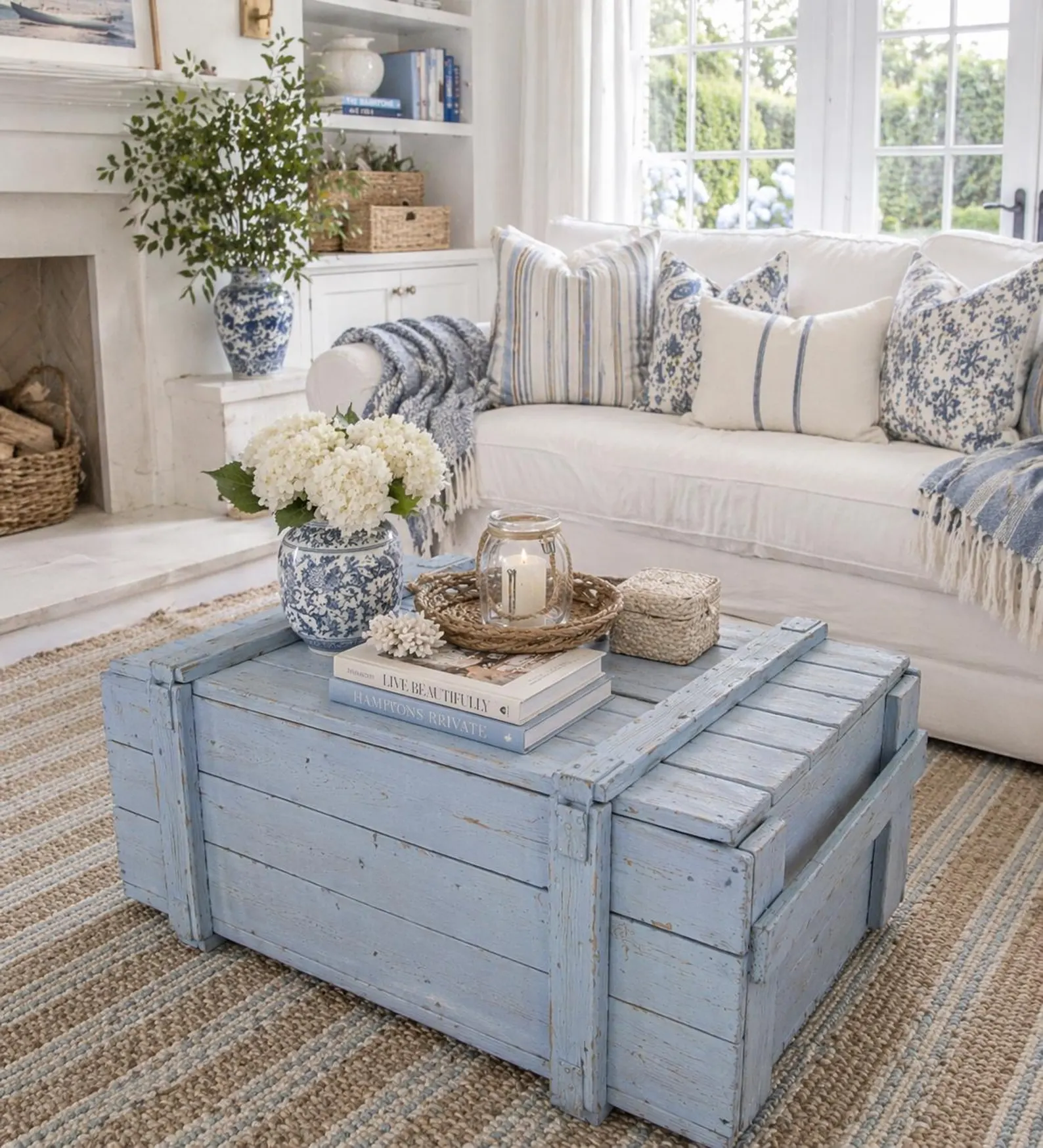 Pastel Blue Vintage Military Chest Coffee Table (Reclaimed Solid Wood Trunk)