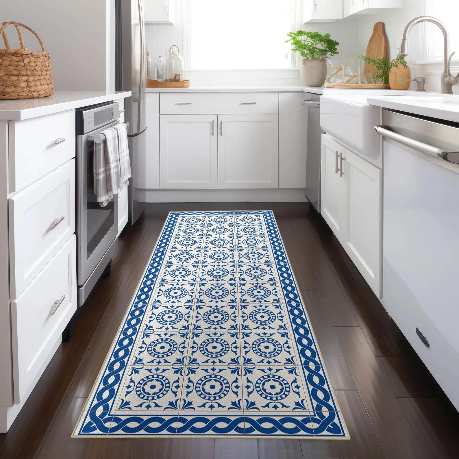 Blue & White Portuguese Tile Washable Runner Rug