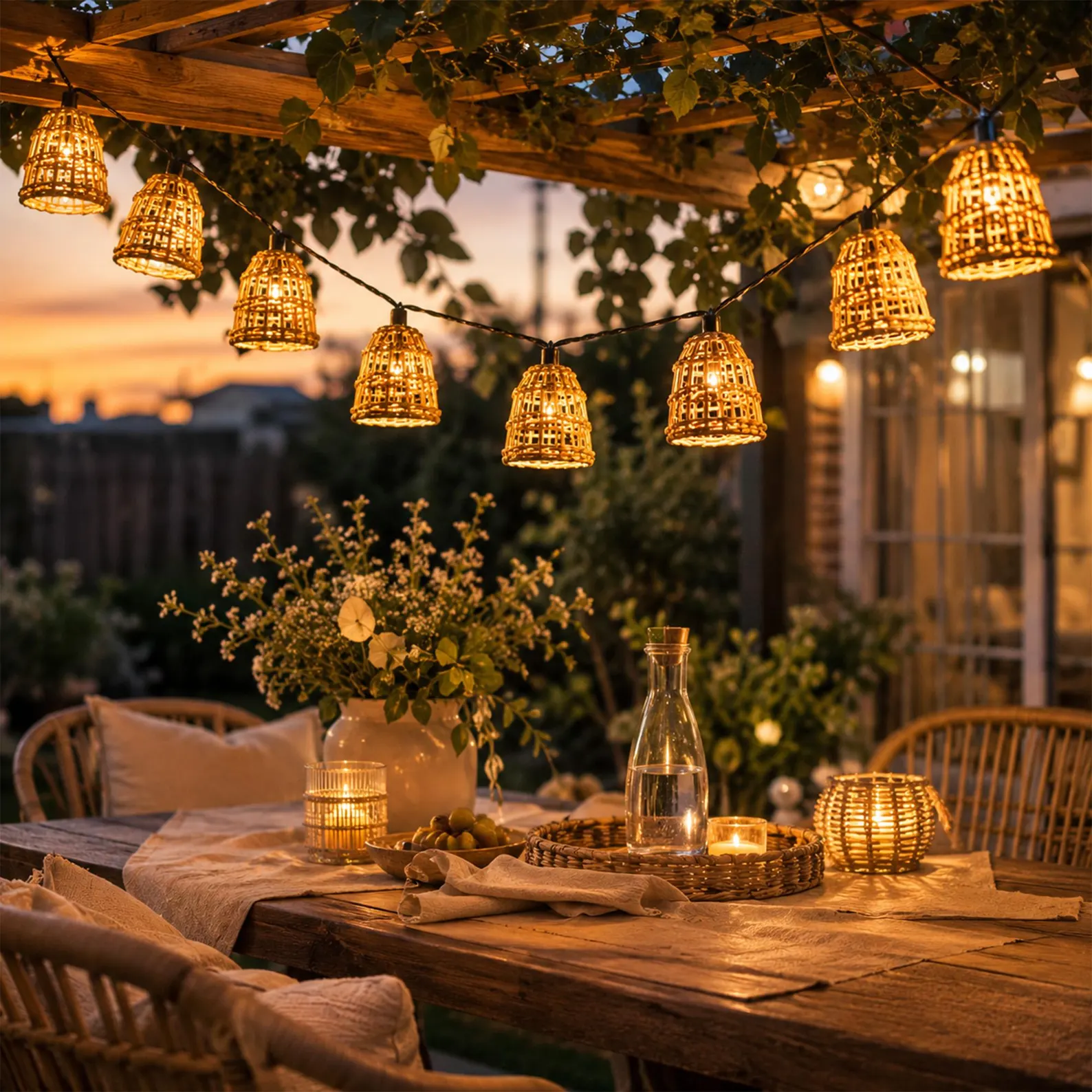 Battery-Operated Rattan String Lights — Woven Basket Lanterns