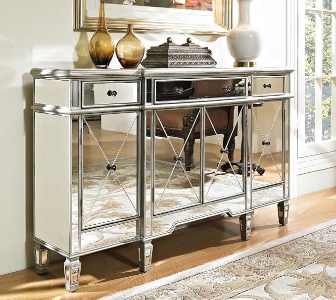 Benton Collection Mirrored Storage Sideboard — Silver Console