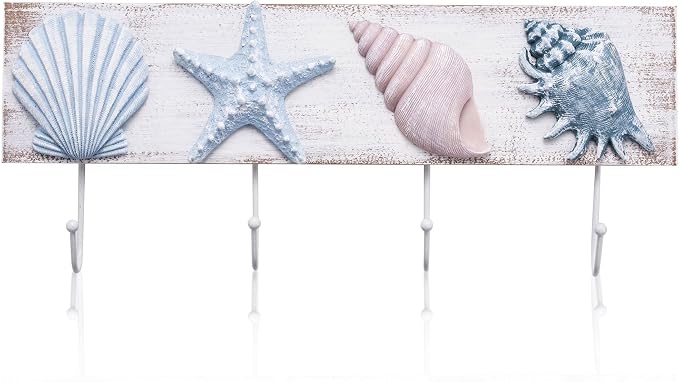 Tide and Tales Seashell Towel Rack with 4 Hooks (16.5")