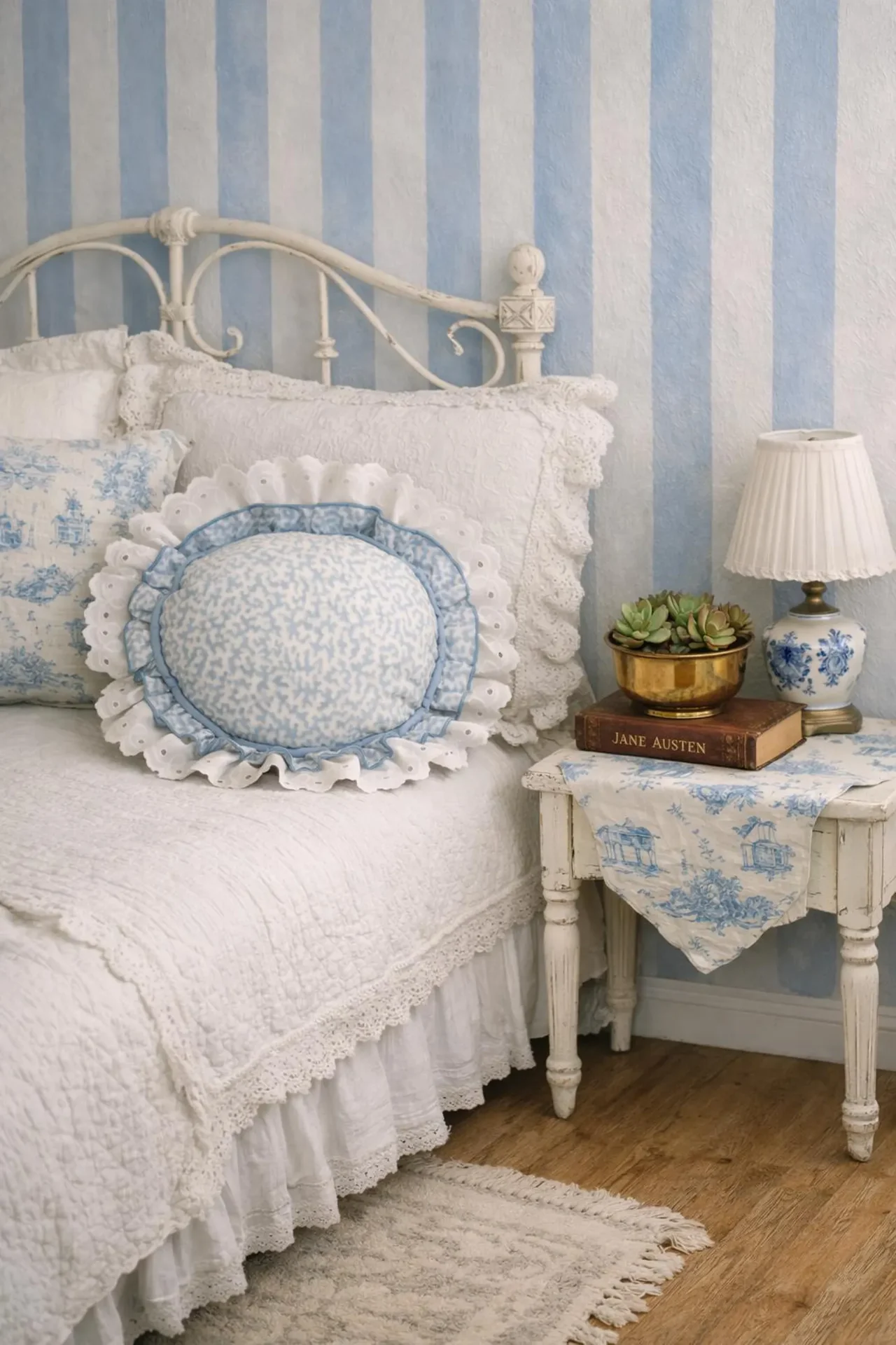 Blue & White Waverly Coral Trellis Ruffled Boudoir Pillow