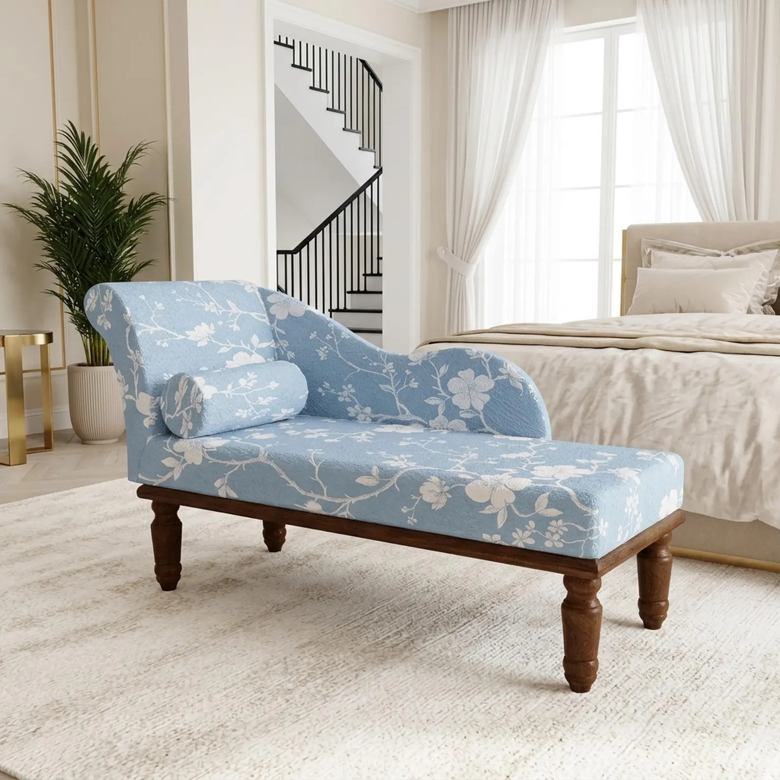 Light Blue Floral Chaise Lounge — Elegant Bedroom Daybed