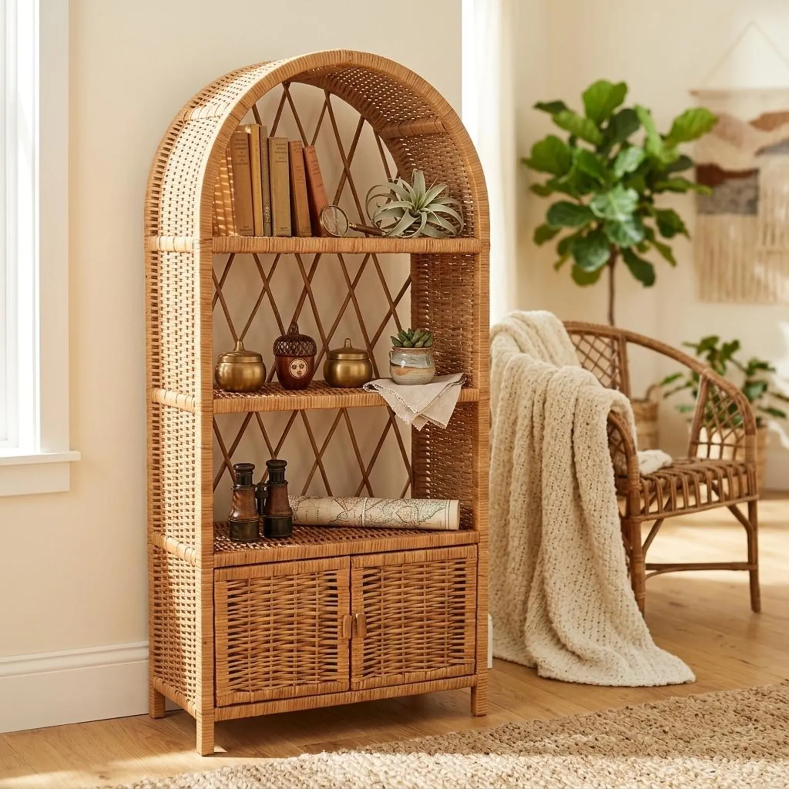 Natural Wicker Arched Cabinet Bookcase — Entryway Shelf with Doors