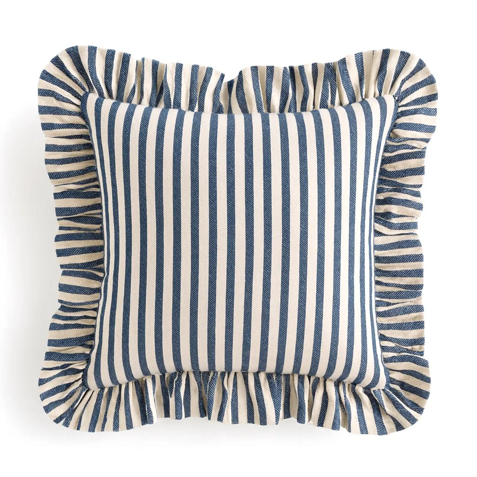 Blue Striped Ruffled Linen Cotton Pillow Cover