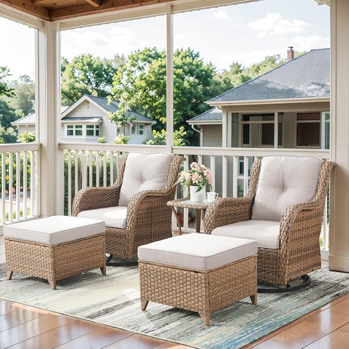 5-Piece Wicker Swivel Rocker Patio Set with Ottomans & Side Table (Yellow Wicker / Beige)