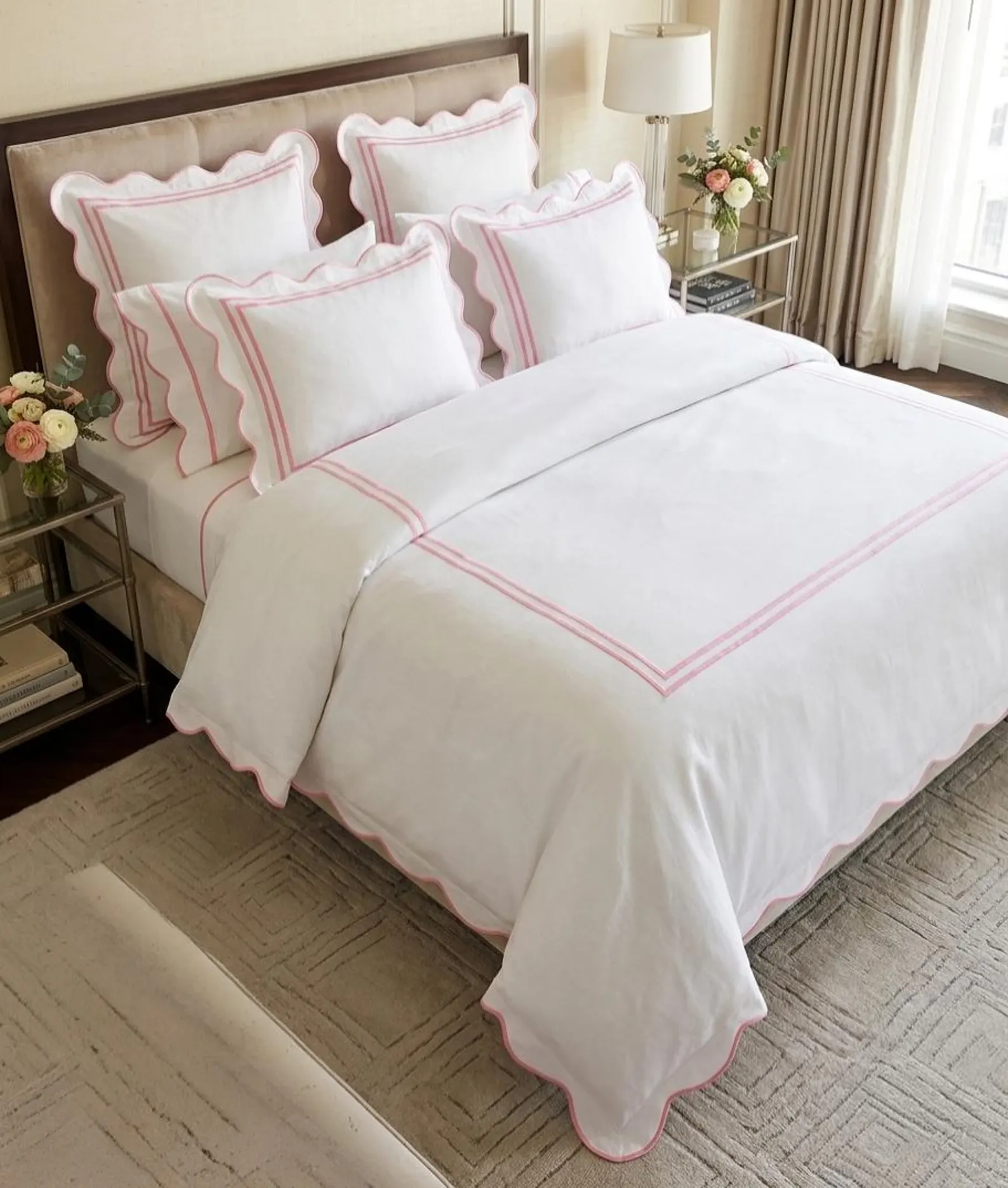 Embroidered Scalloped White Cotton Bedding Set with Pink Piping