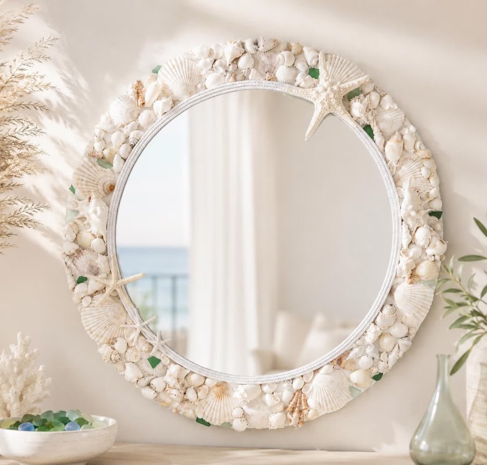 Handmade Coastal Mirror — Seashell Starfish Sea Glass Beach House Decor