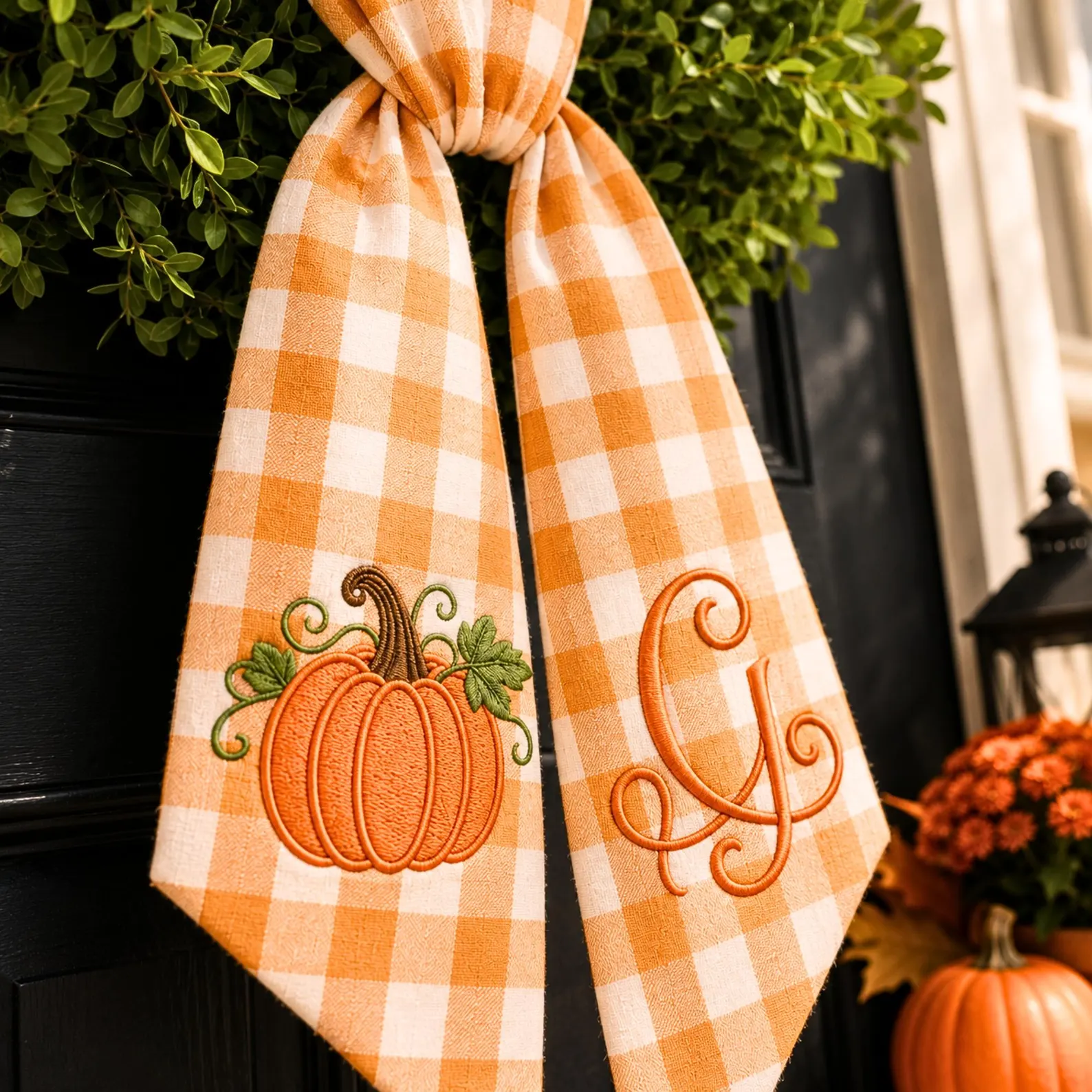 Personalized Pumpkin Monogram Wreath Sash — Orange Buffalo Check