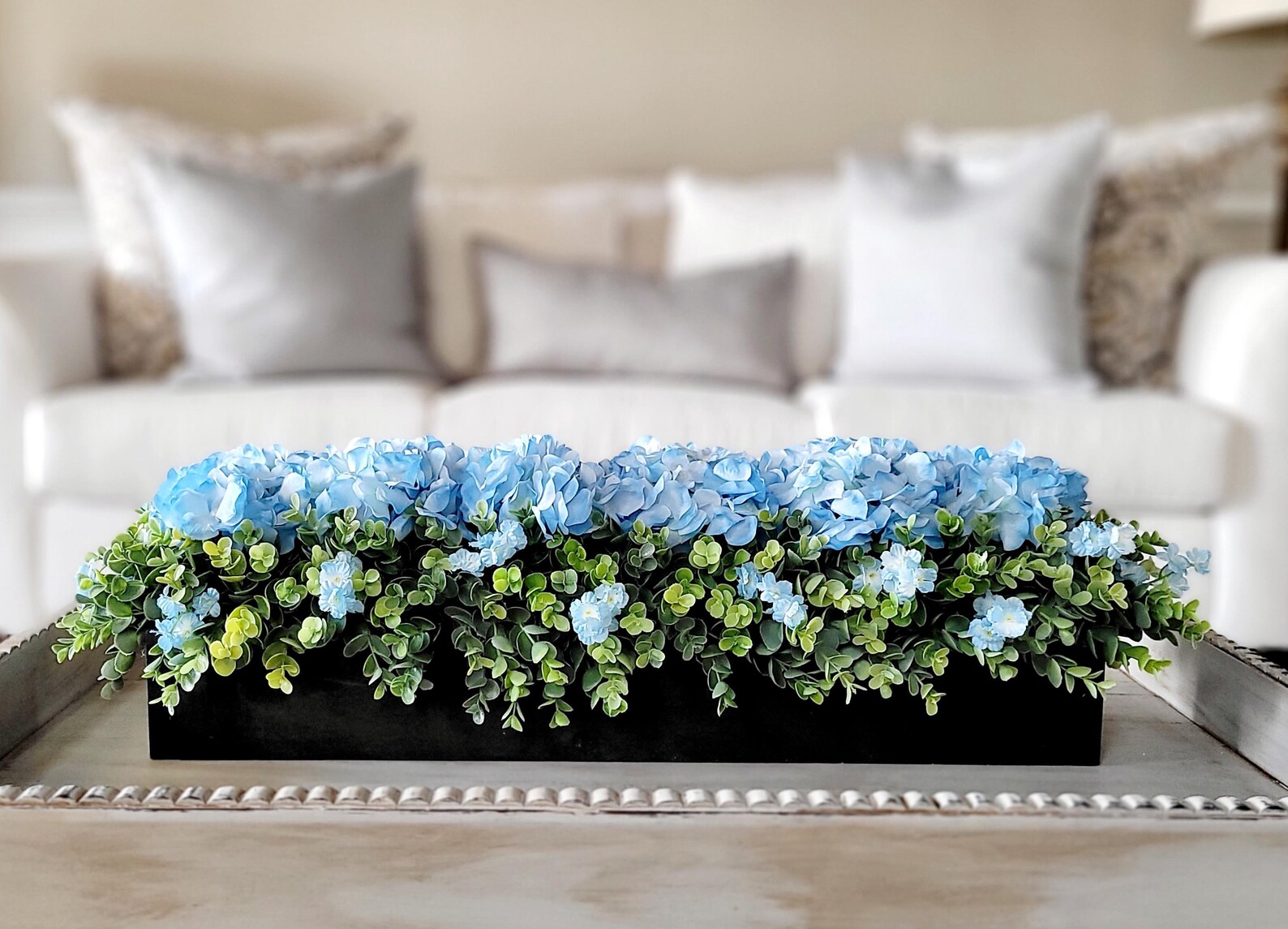 Blue Hydrangea Farmhouse Box Arrangement — Long Dining Table Centerpiece