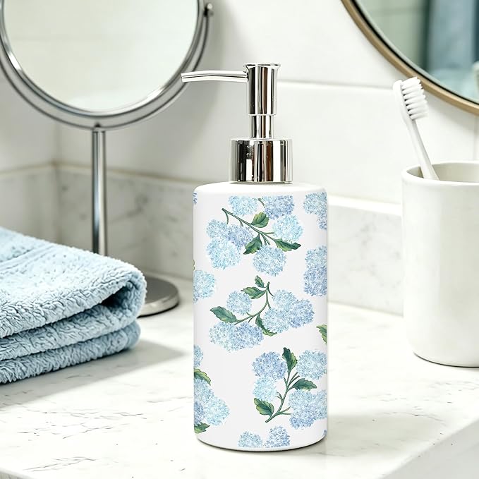 AnyDesign Blue Hydrangea Watercolor Glass Soap Dispenser