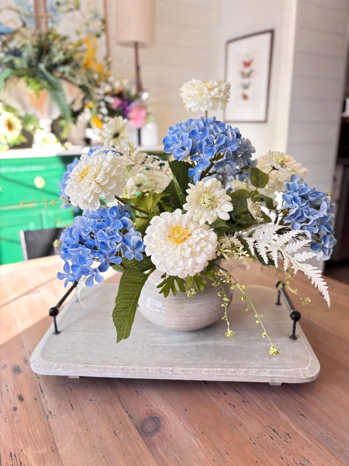 Blue Hydrangea & White Zinnia Centerpiece in Crackled Vase