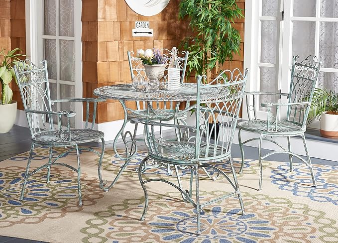 Safavieh Antique Iron 5-Piece Outdoor Dining Set — Seafoam Green Scrollwork