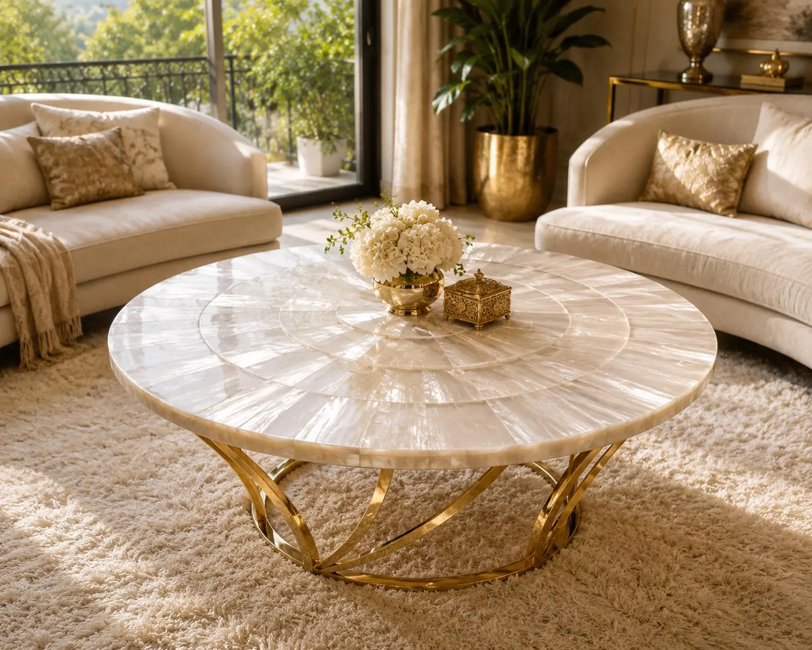 Handmade Selenite Stone Coffee Table — Round Brass Base Luxury Accent Table
