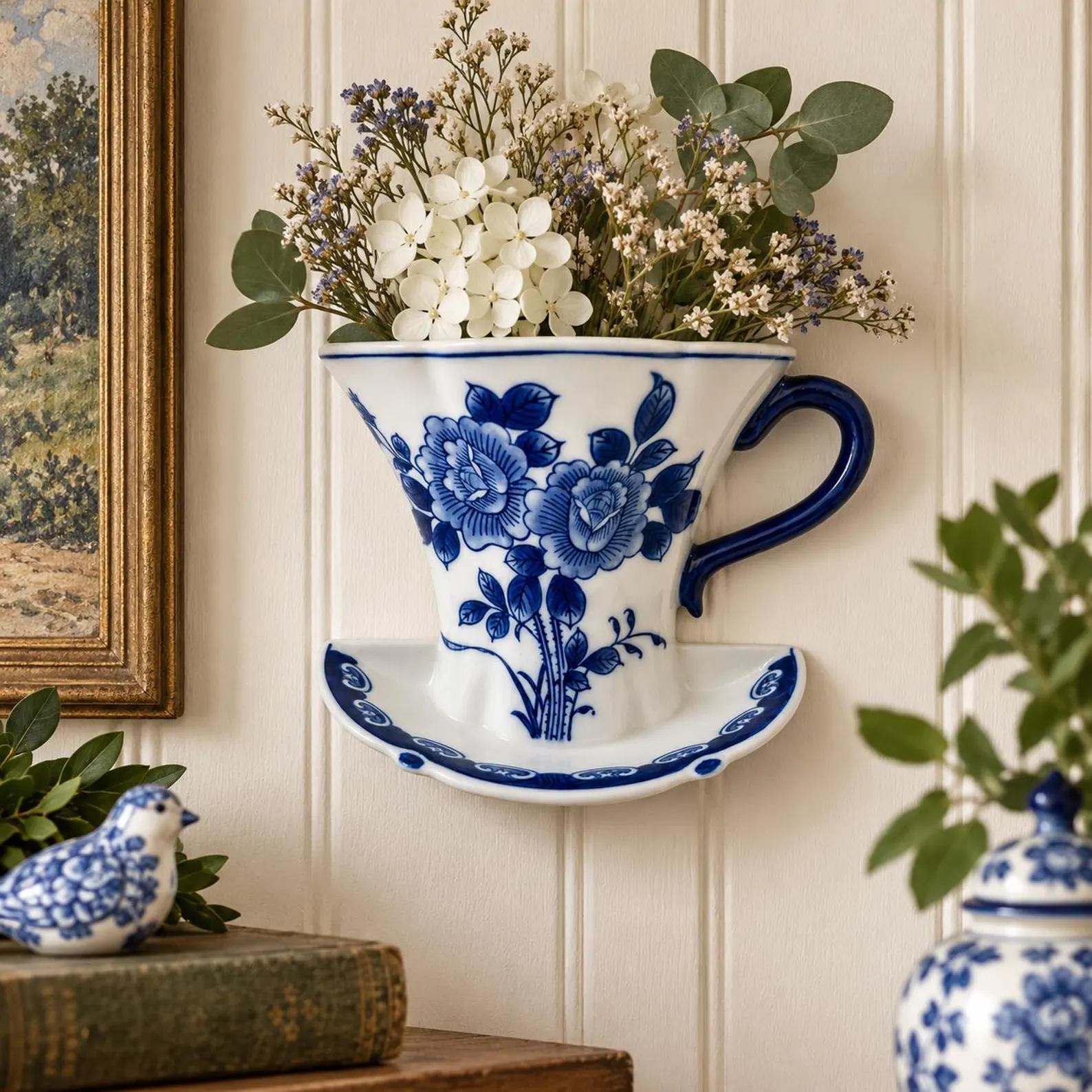 Vintage Blue & White Teacup Wall Pocket — Chinoiserie Floral Vase