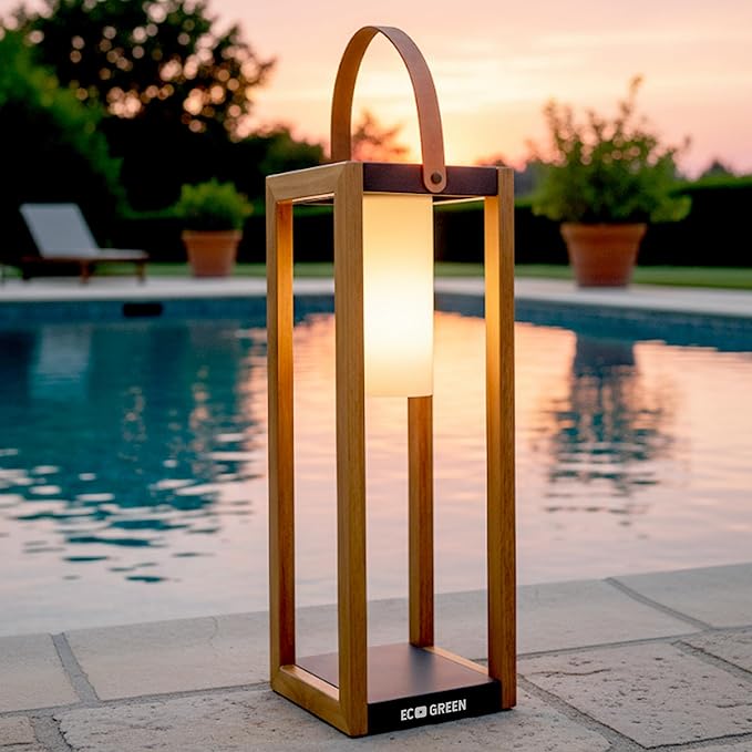 EcoGreen Teak & Linen Solar Outdoor Lantern with Leather Handle