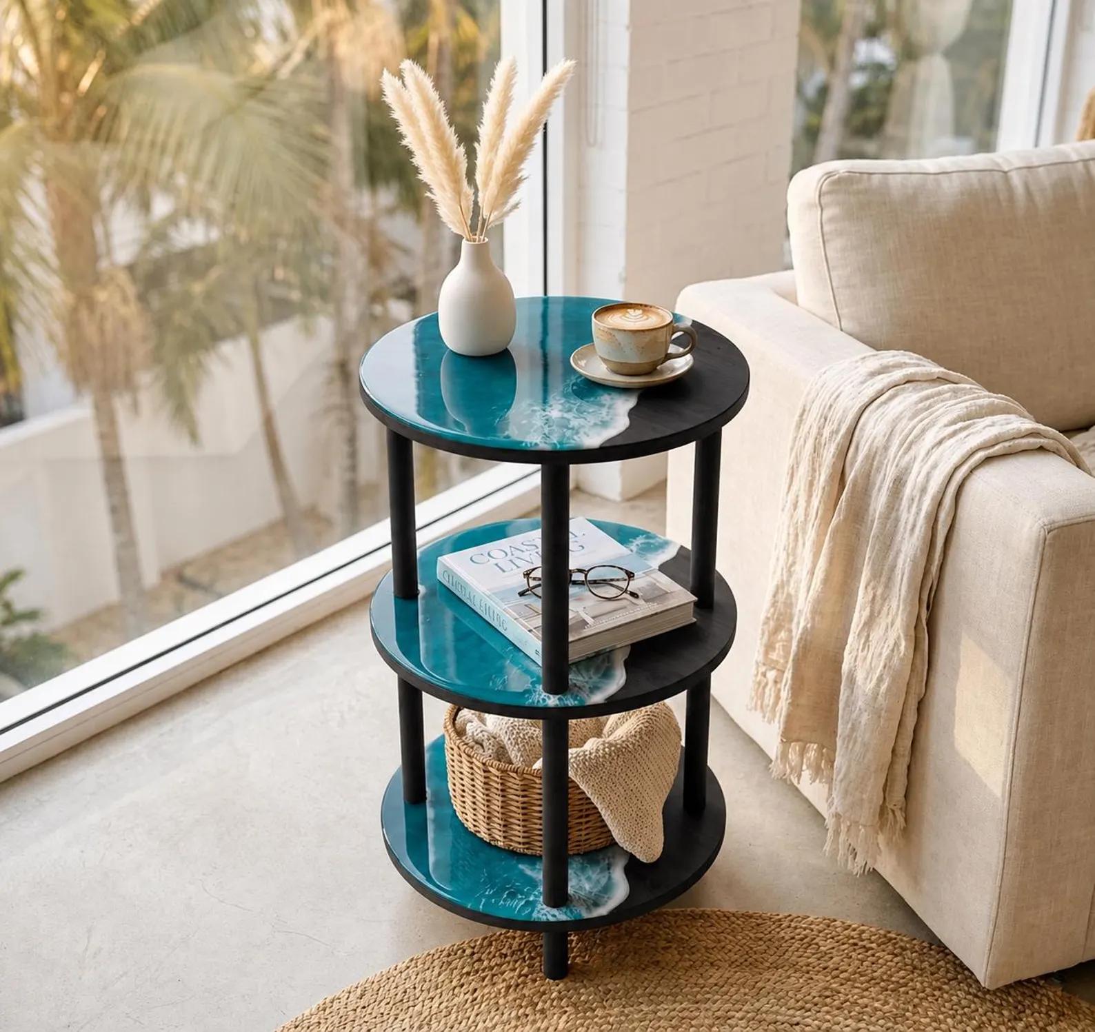 Ocean Resin 3-Tier Round Side Table — Turquoise Epoxy Handmade
