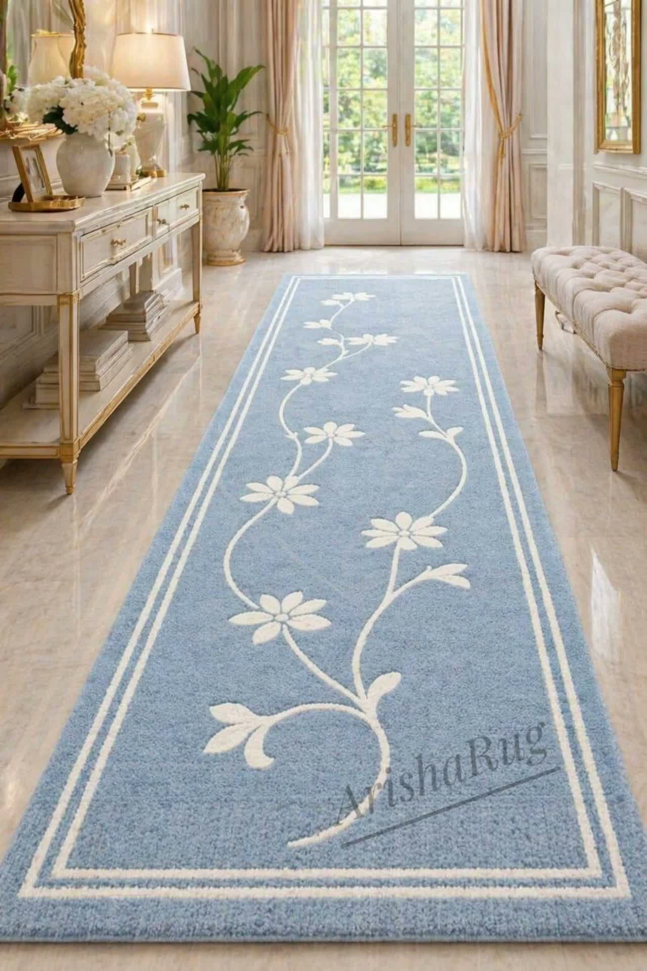 Light Blue Floral Runner Rug — Hand-Tufted Wool Hallway