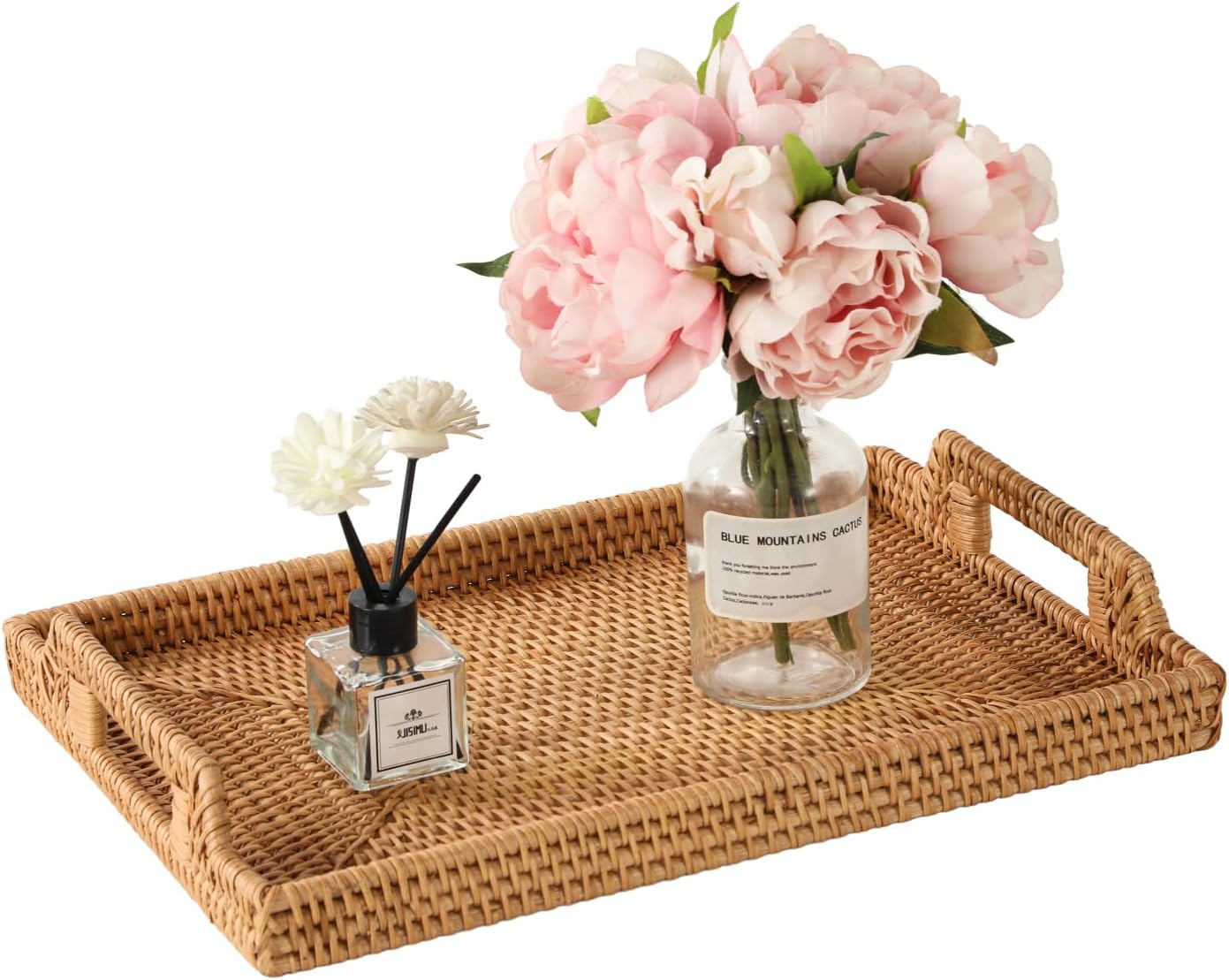 Hand-Woven Rattan Serving Tray with Handles (Rectangular)