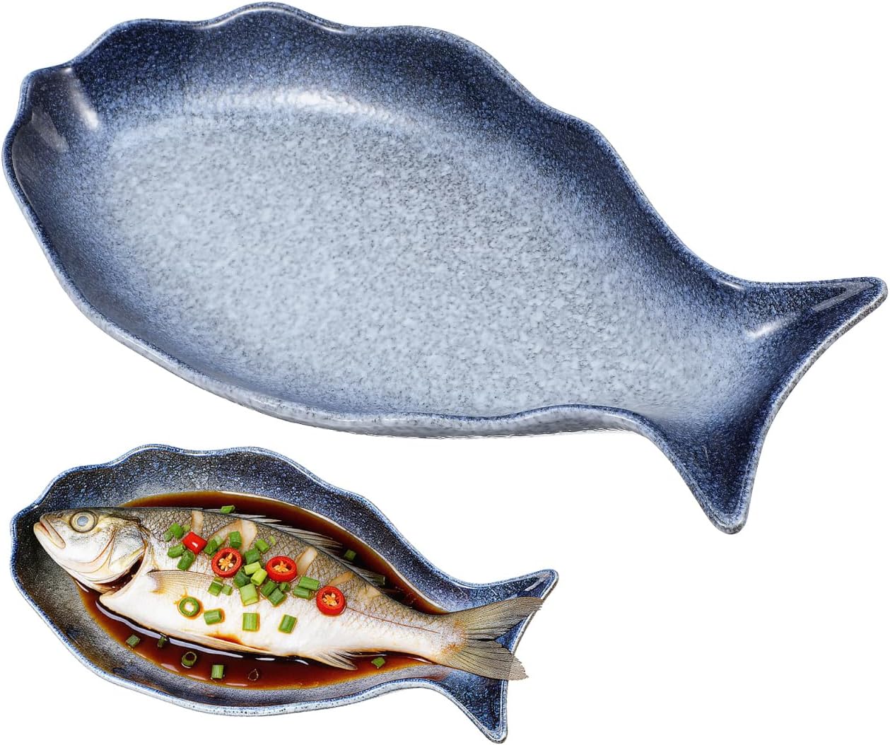 Cabilock Reactive-Glaze Ceramic Fish Platter — Indigo & Speckled White
