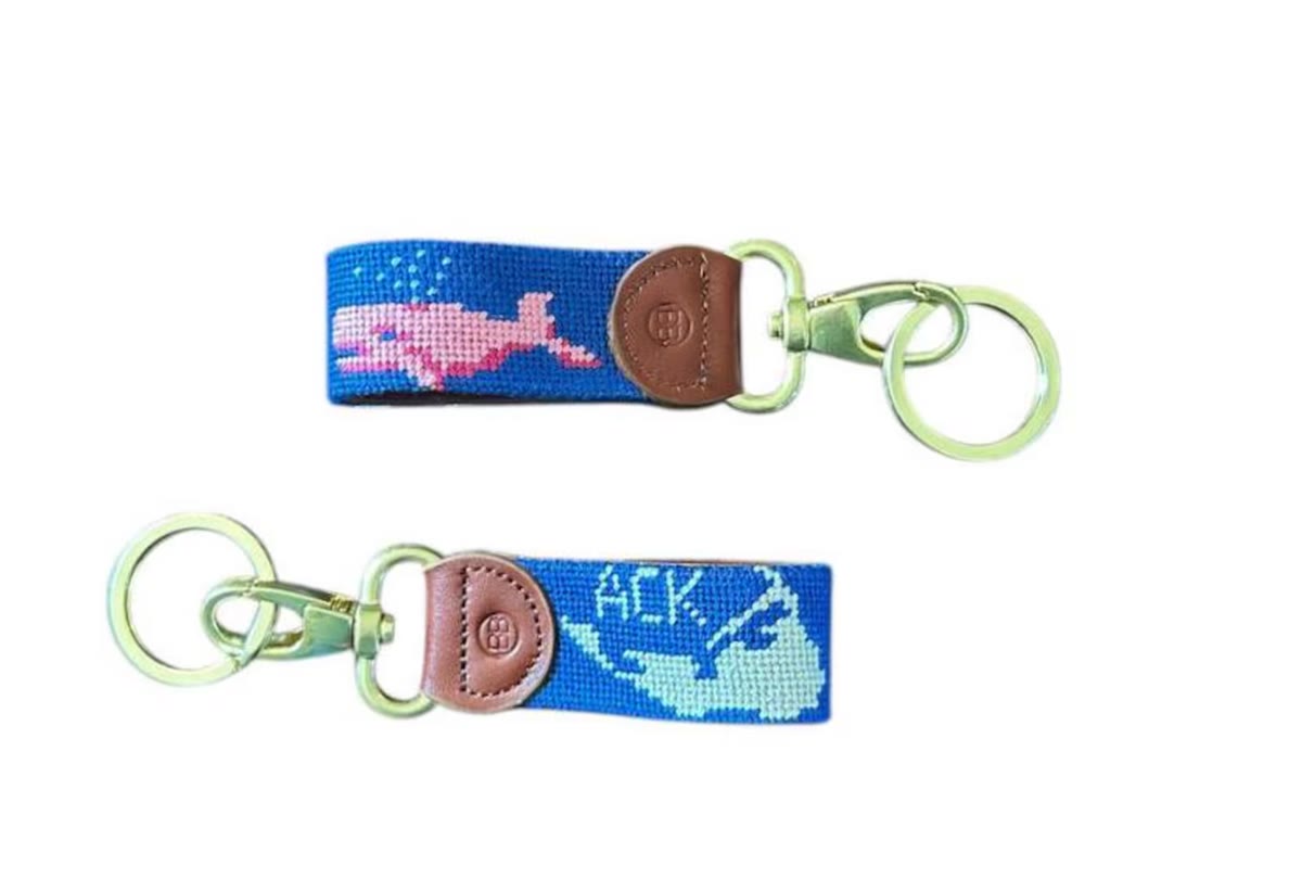Needlepoint Key Fob — Nantucket Pink Whale & ACK