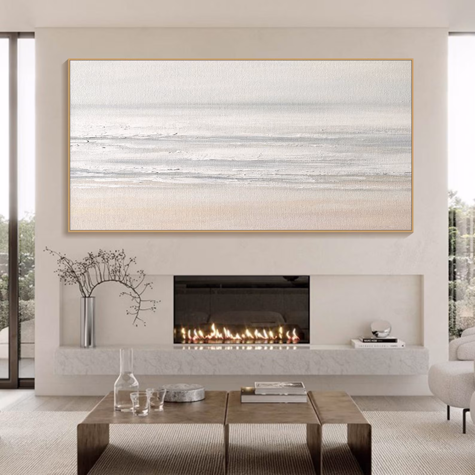 Tranquil Beach Sunlit Sky & Sea Canvas — Calming Coastal Living Room Art