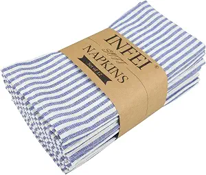 INFEI Blue & White Stripe Cotton Linen Dinner Napkins (Set of 12)