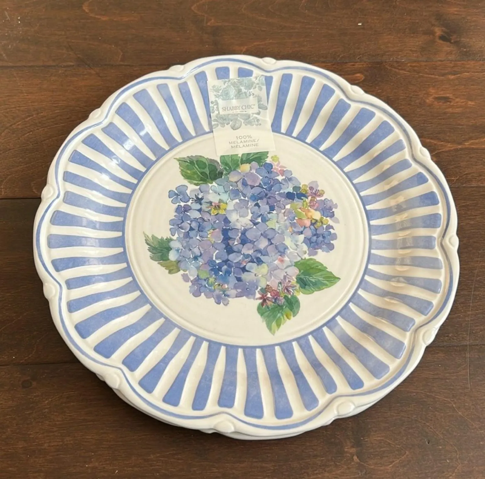 Shabby Chic Hydrangeas 8-Piece Melamine Dinnerware Set (Blue Stripe)