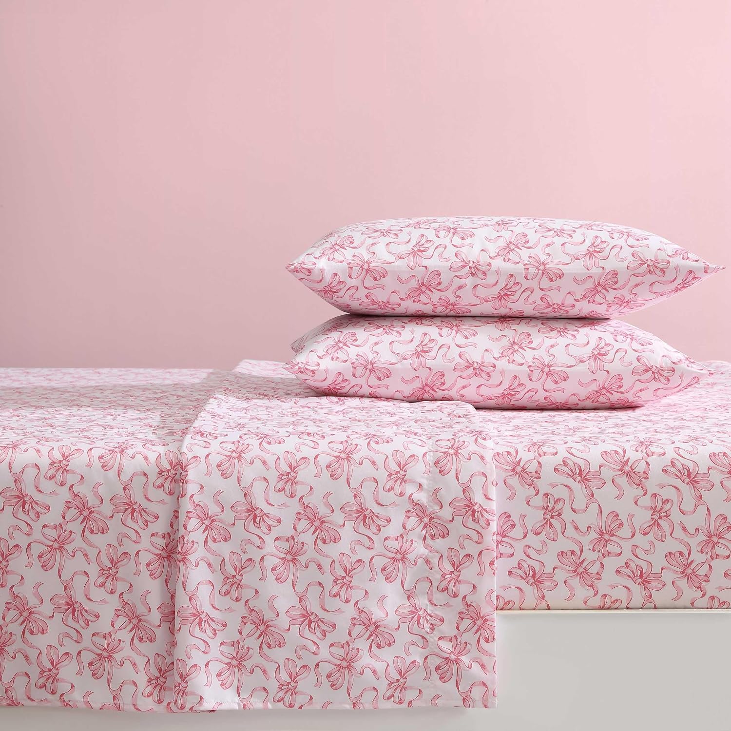 Pink Bow Print Cotton Sheet Set — Coquette Bedding