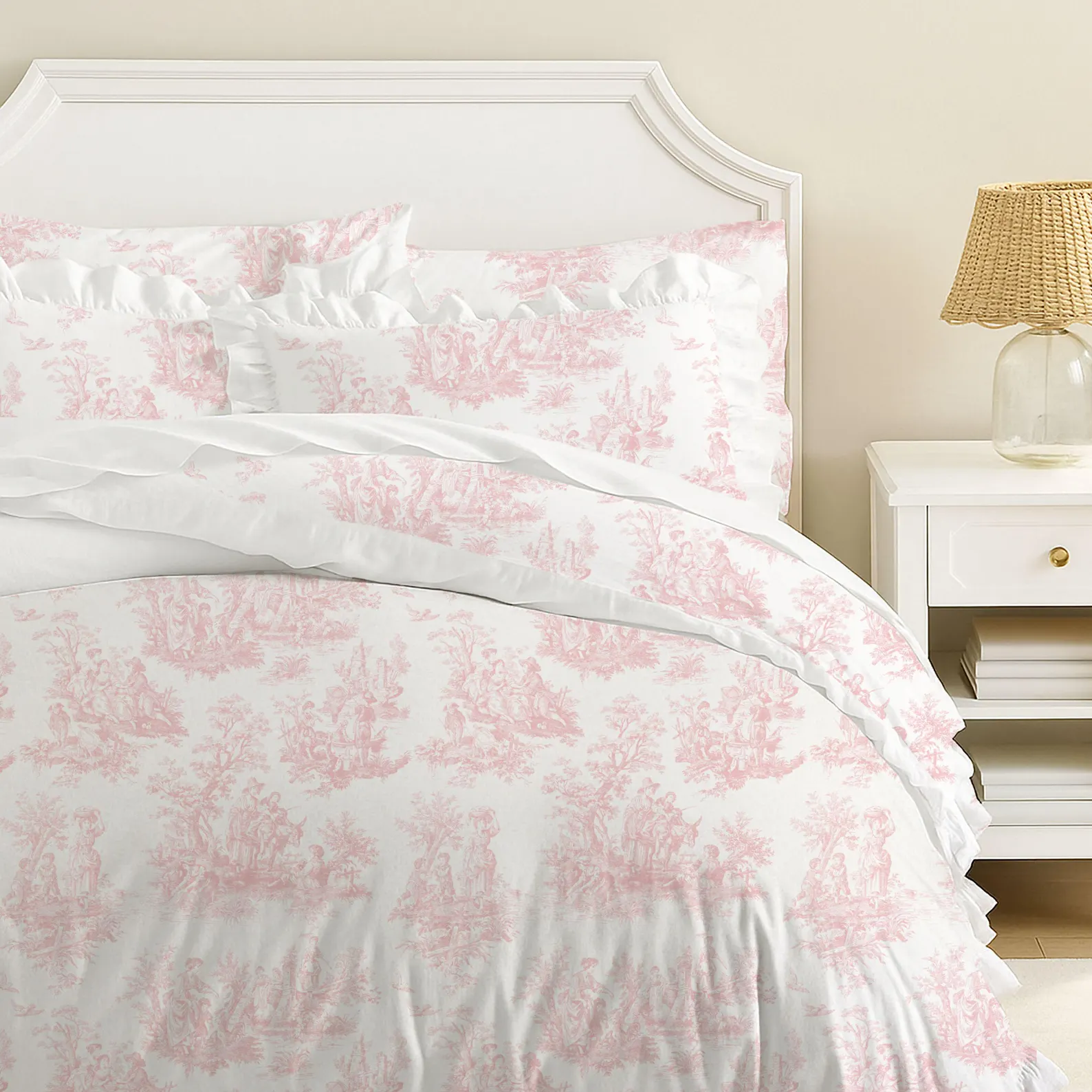 Pink Toile Ruffle Cotton Bedding Set — French Country Duvet