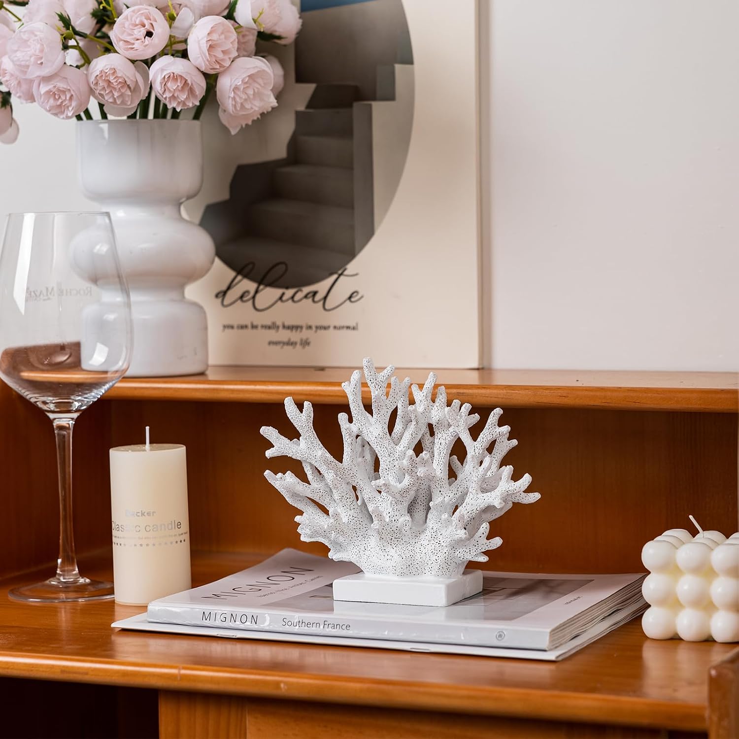 White Resin Coral Statue — 5.8" Nautical Tabletop Decor