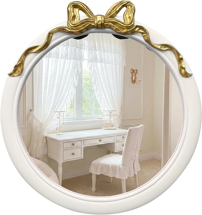 Cream Round Wall Mirror with Gold Coquette Bow Topper