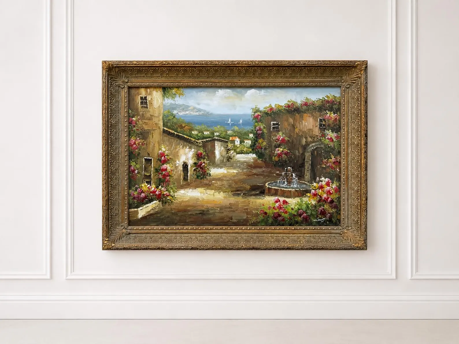 Large Framed European Coastal Village Oil Painting — Ornate Gilt Frame, 43.5" x 31.5"