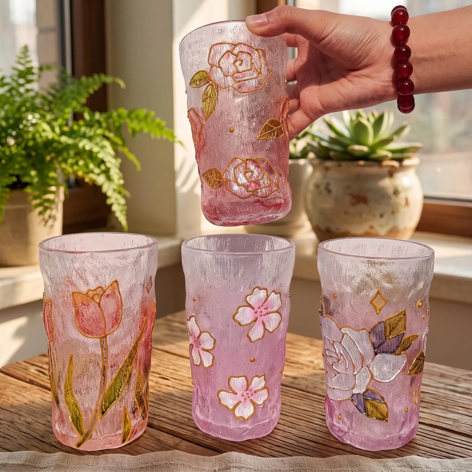 Vintage Pink Hand-Painted Floral Glassware Set