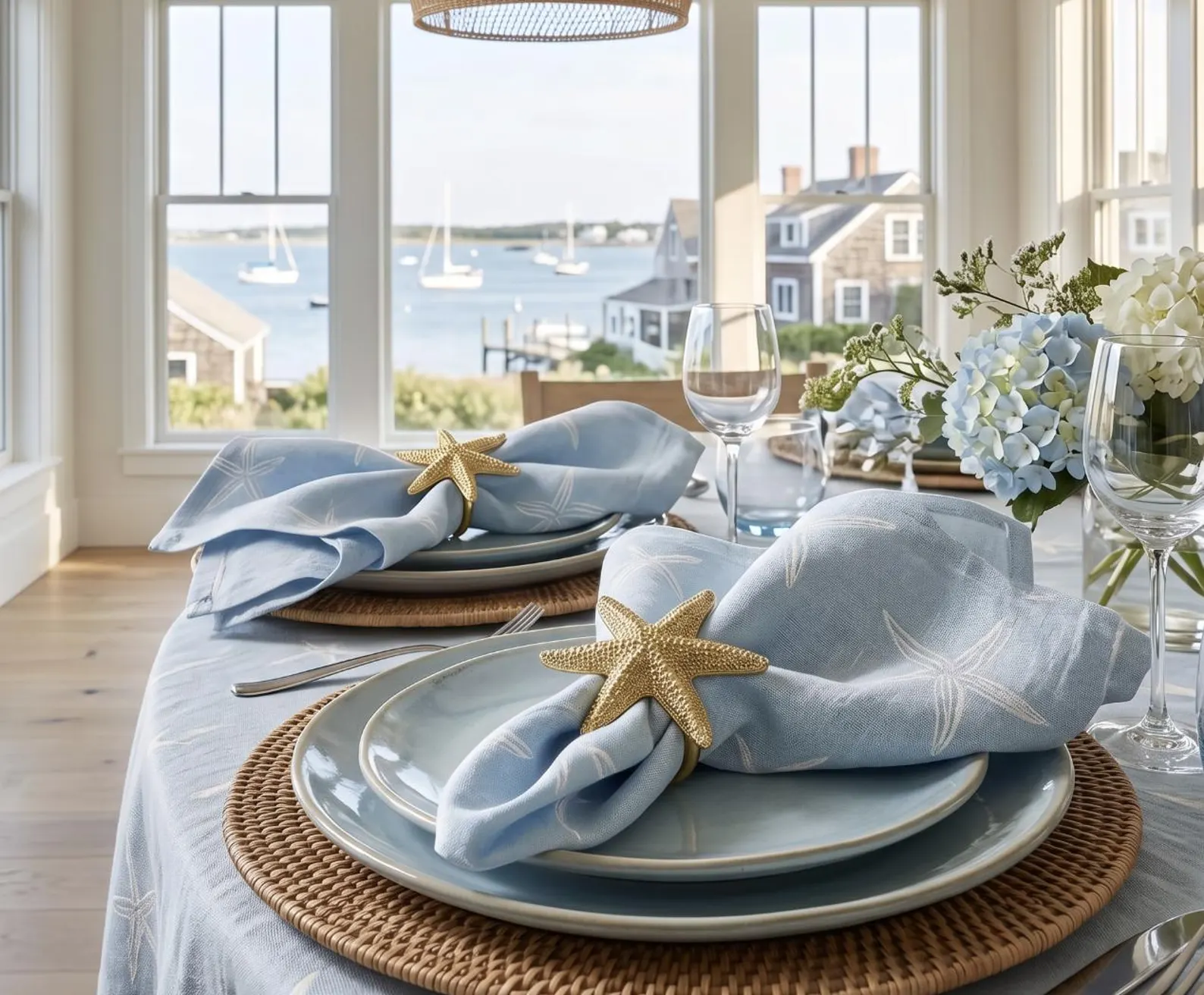 Coastal Linen Napkins — Nantucket Starfish (Soft Blue, Set of 4)