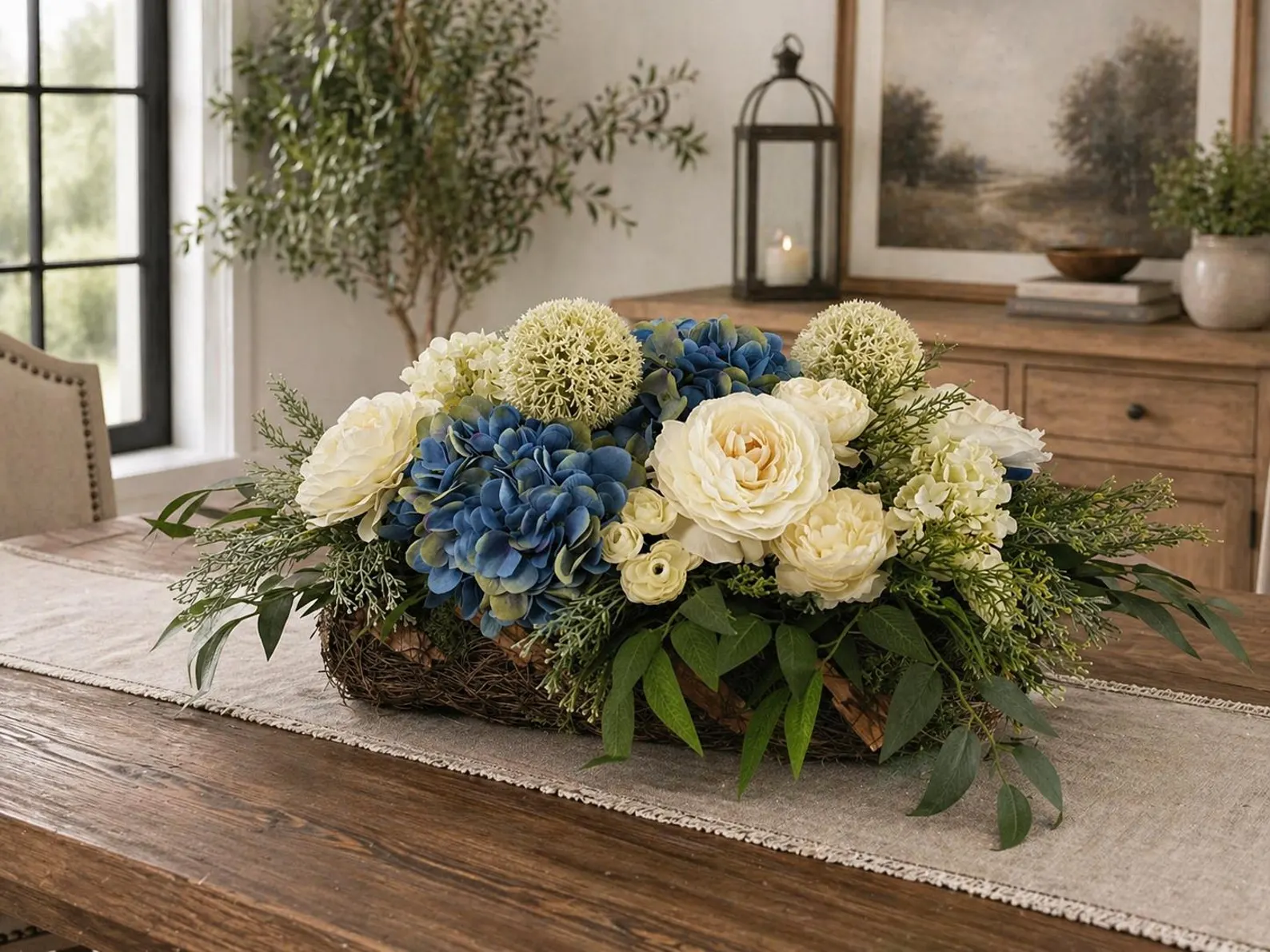 Blue Hydrangea & Cream Ranunculus Farmhouse Arrangement — Log Basket
