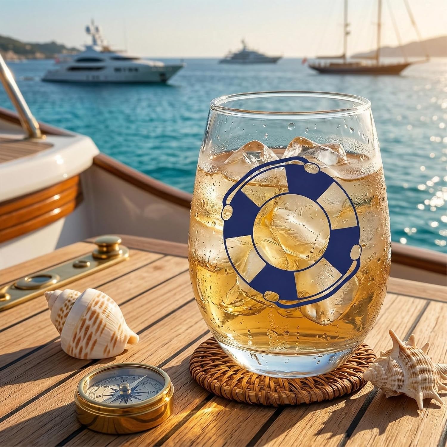 Nautical Stemless Wine Glasses, 15 oz — Anchor, Compass, Life Ring & Helm (Set of 4)