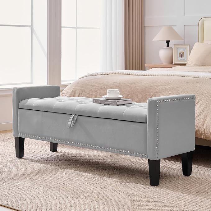 Grey Velvet Tufted Storage Bench with Nailhead Trim