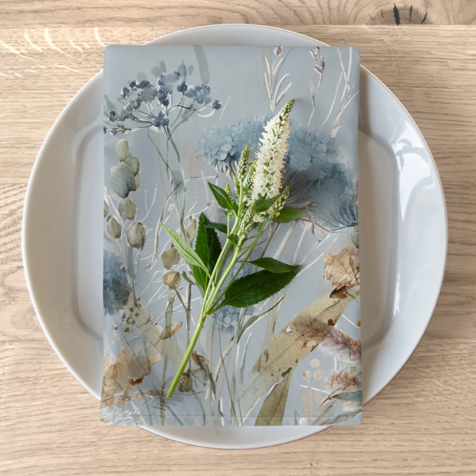 Blue Autumn Floral Border Napkins, Set of 4 — Dusty Blue Fall Table