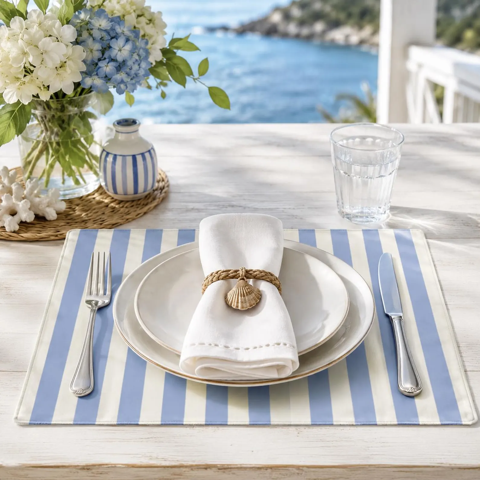Blue Stripe Cotton Coastal Placemats — Cornflower Cabana (Set of 4)