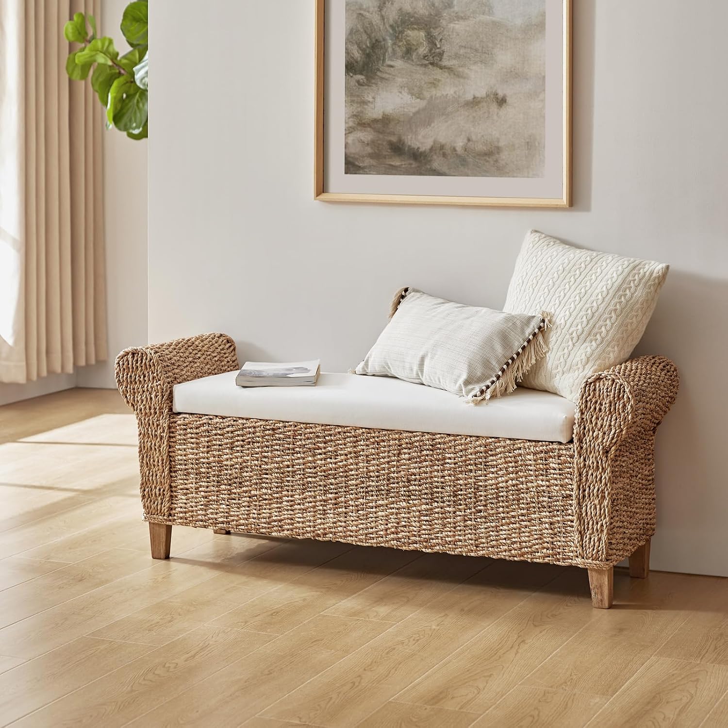 HULALA HOME Woven Rattan Rolled-Arm Storage Bench with Cushion
