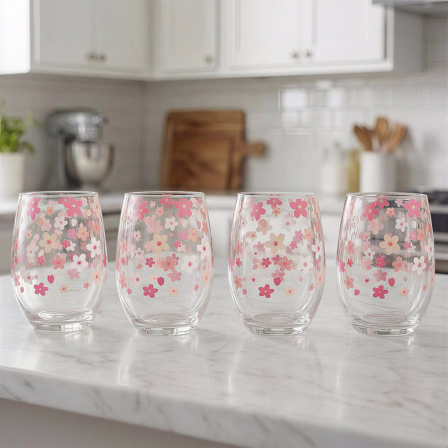 Hand Blown Etched Stemless Wine Glasses 19 oz — Set of 4