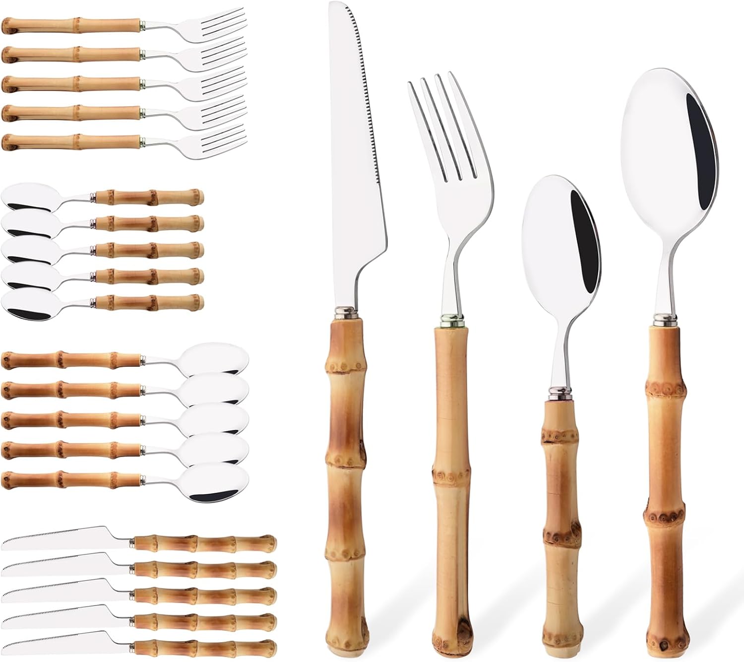 Uniturcky Natural Bamboo Handle Flatware, 24-Piece Set