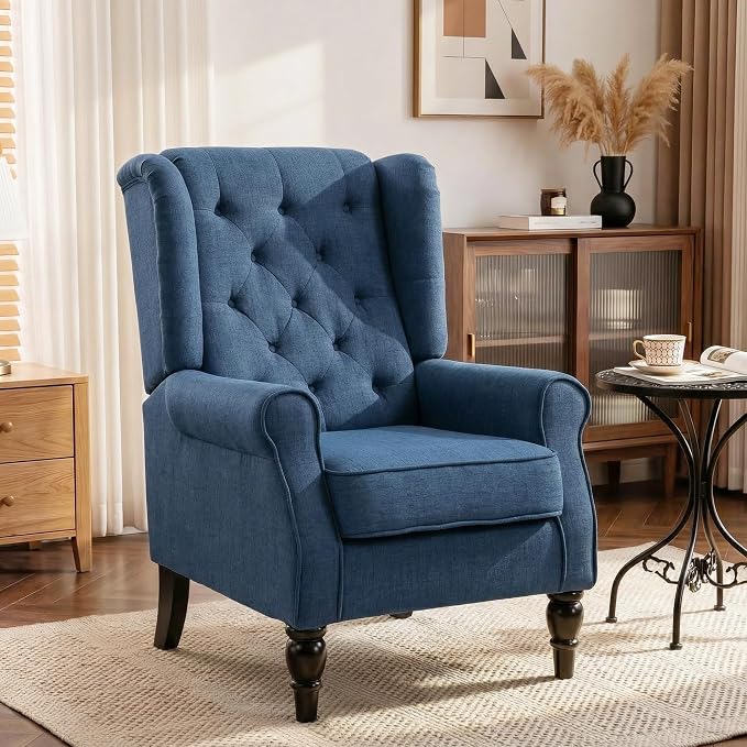 HOMCOM Mid-Century High Wingback Reading Chair — Blue Button-Tufted