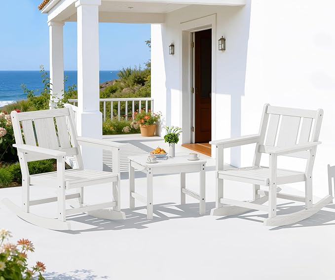 SERWALL White Outdoor Rocking Chair 3-Piece Bistro Set with Side Table